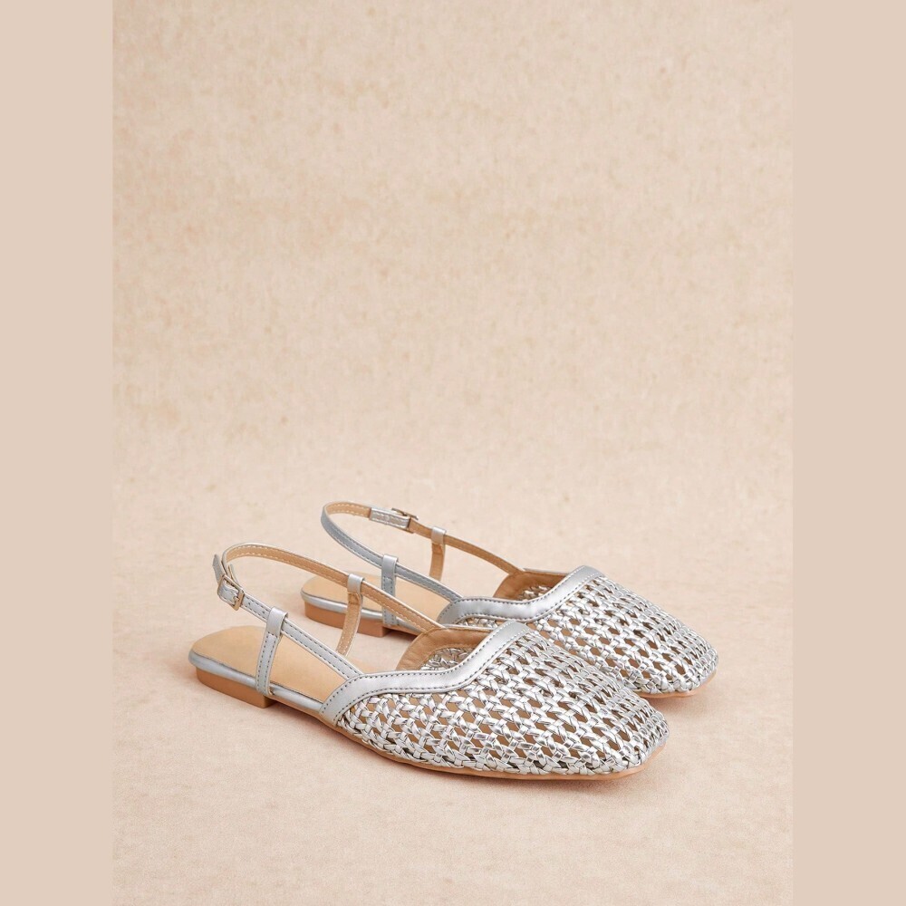 Silver Woven Slingback Buckle Strap Square Toe Flats